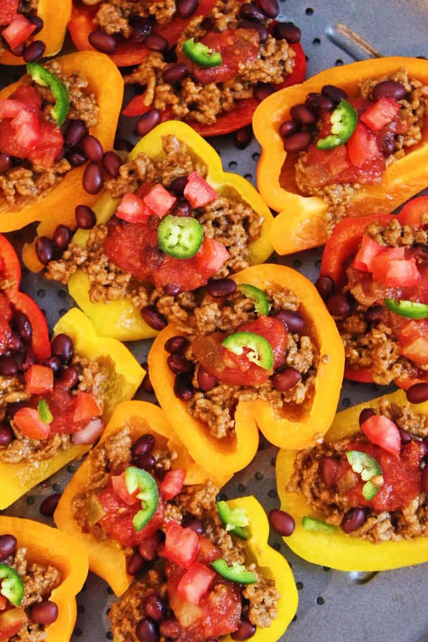 Bell pepper nachos with salsa and jalapenos.