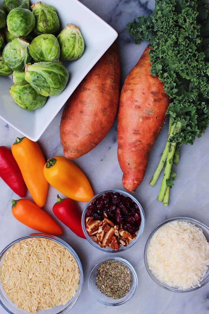 Fall Harvest Bowl ingredients overheat on marble counter.