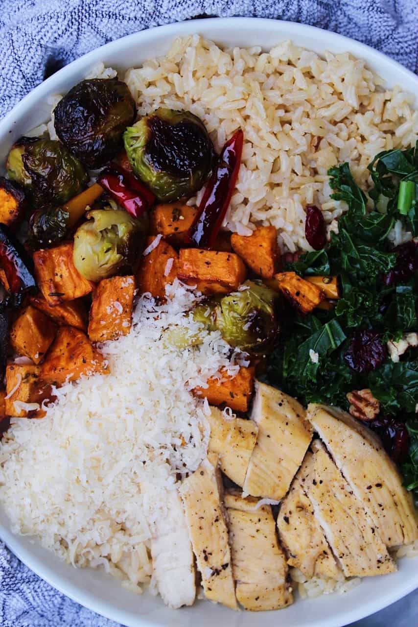 Autumn Harvest bowls with rice, vegetables, and chicken.