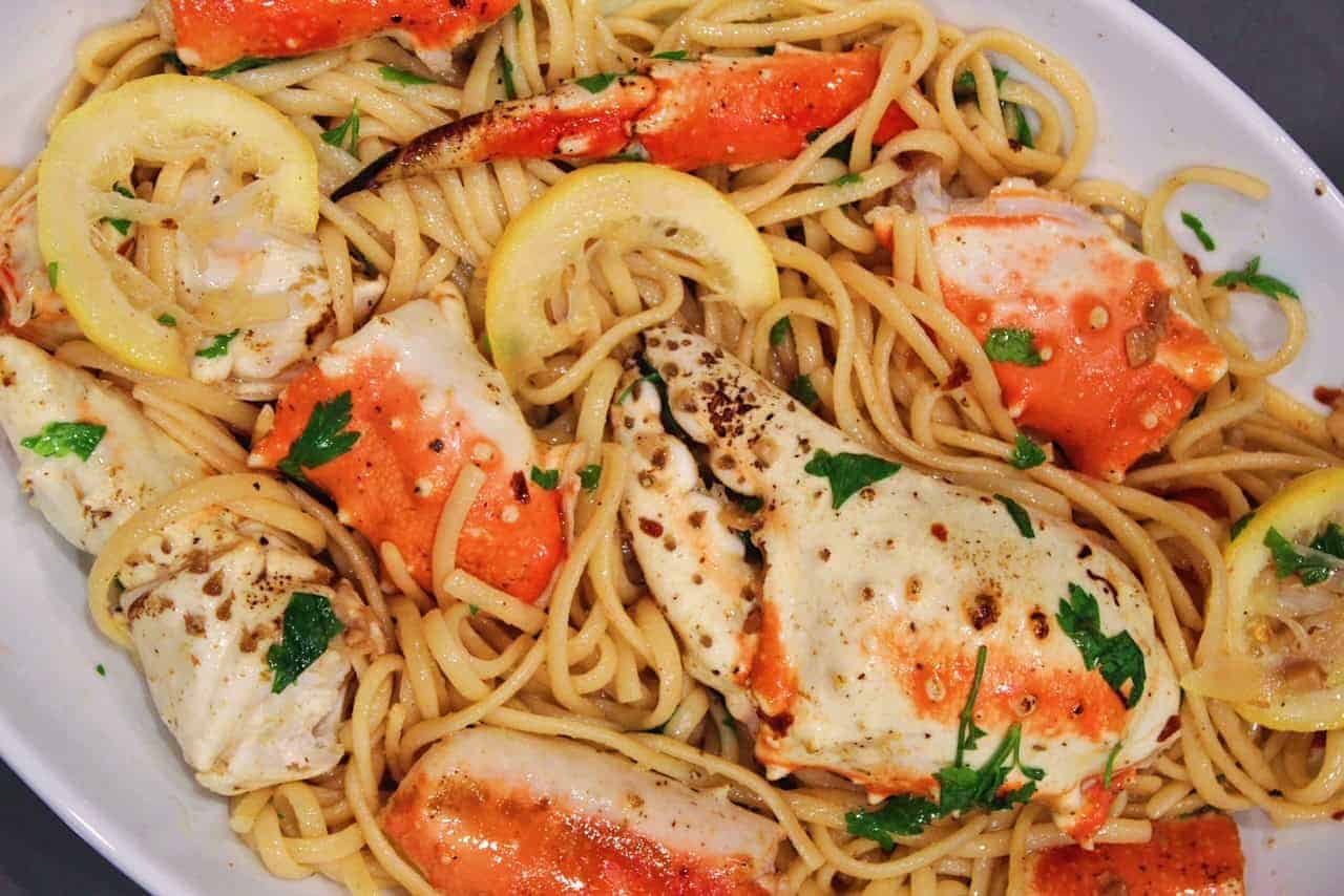 Crab Pasta close up in large white serving bowl.