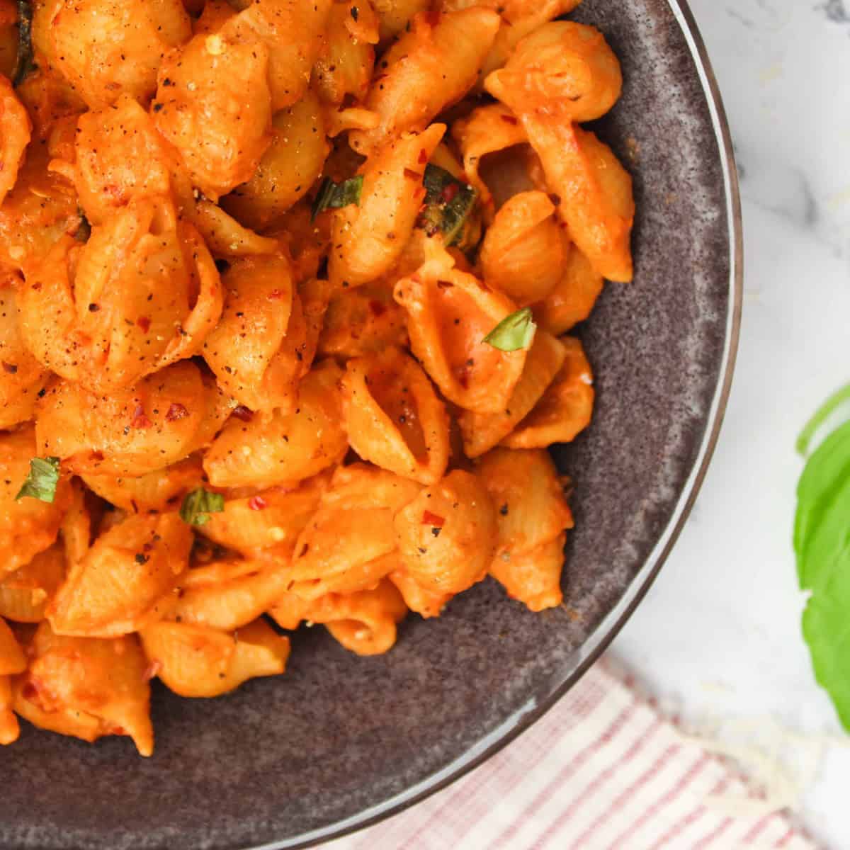 Gigi Hadid Pasta with spicy vodka sauce in charcoal bowl.