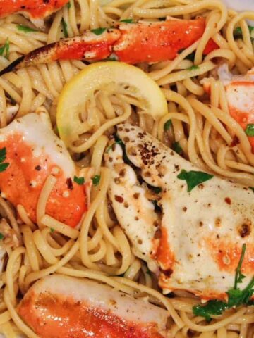 Crab pasta in white wine lemon sauce.