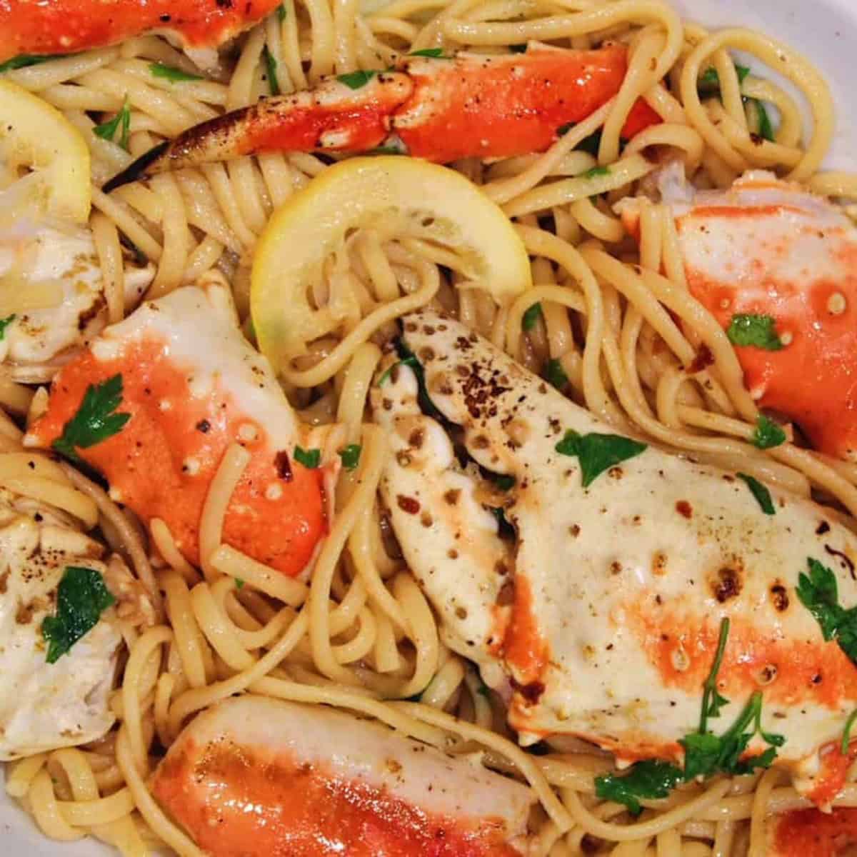 Crab pasta in white wine lemon sauce.