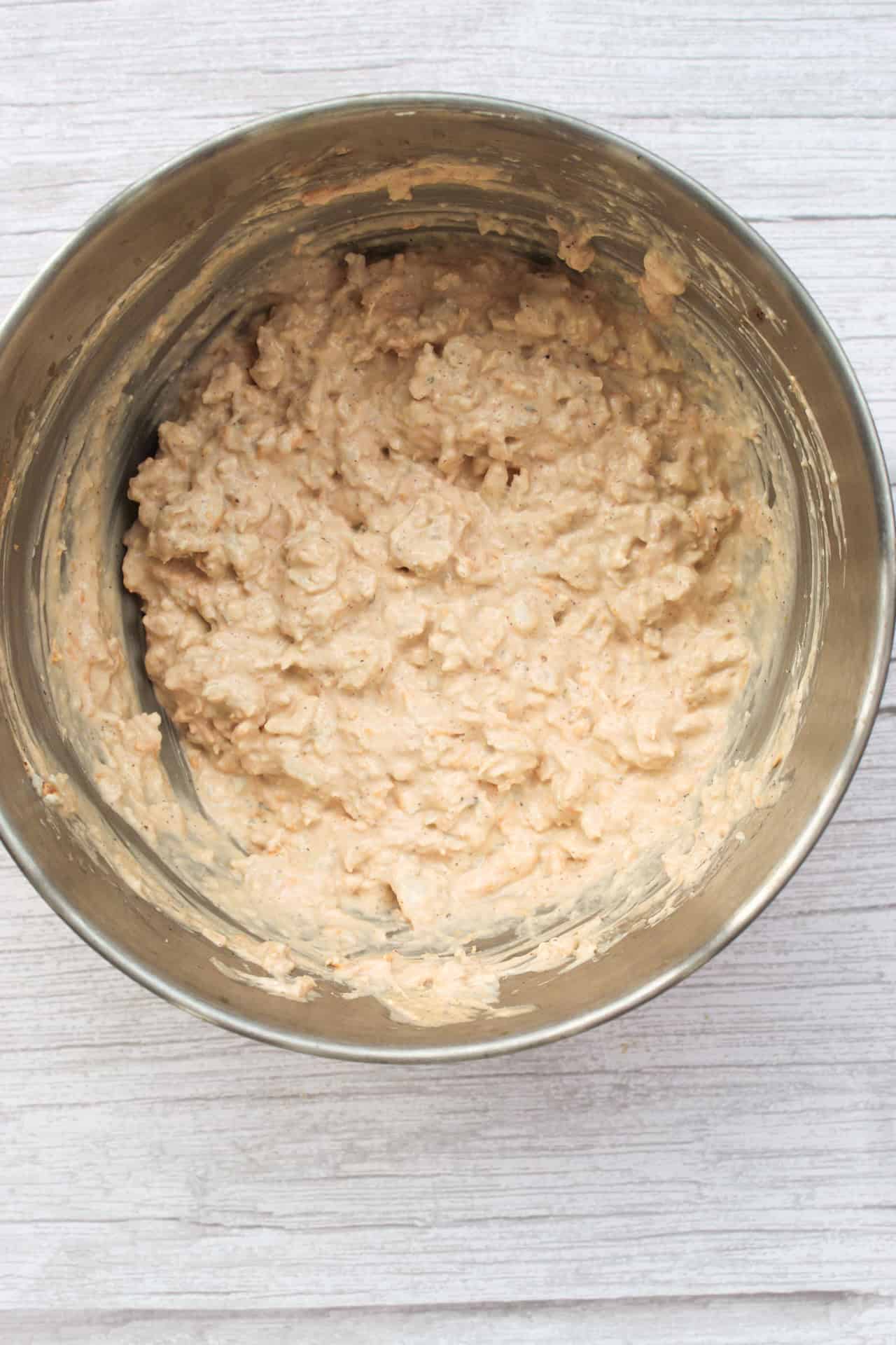 Crab dip mixture in large bowl. 